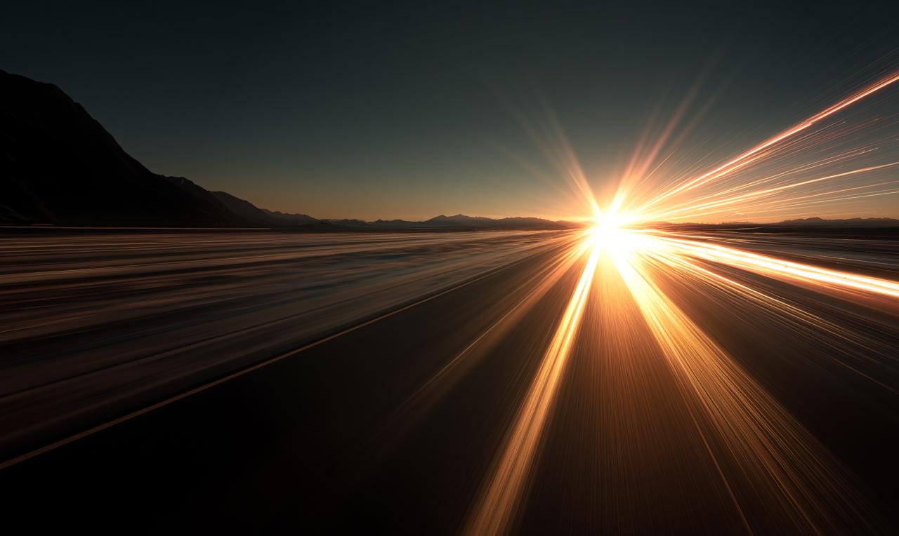 Highway with golden hour sunshine and speed lines