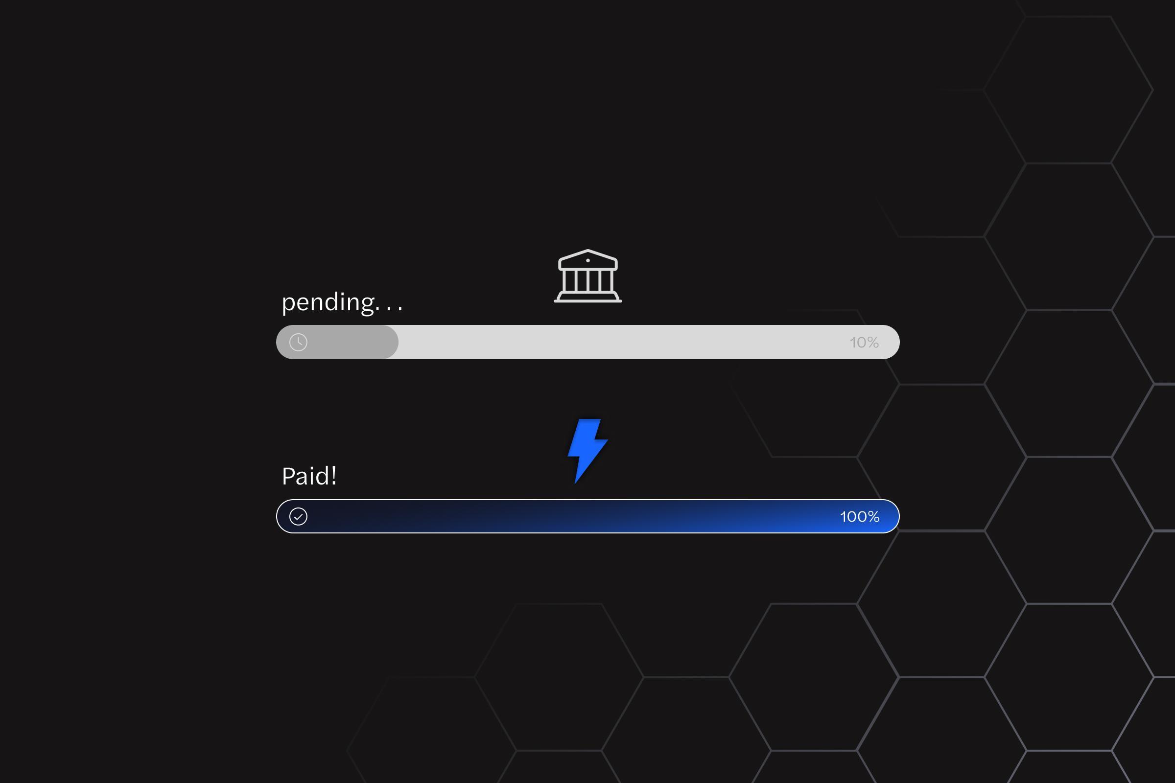 A slow bank payout stuck at 10 percent next to an instant Lightning redemption completing at 100 percent